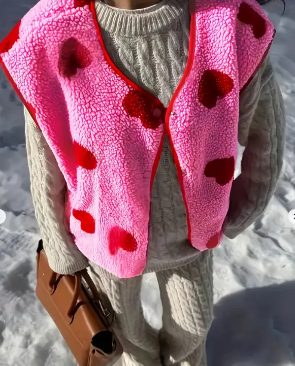 Women's Casual Lamb Fleece Heart Button Vest Rose Red - Shop at LoveMi
