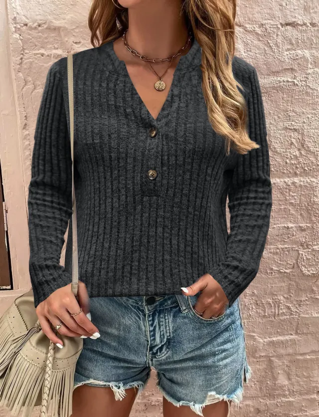 Sunken Stripe Brushed Casual Button Long sleeved Top Black - Shop at LoveMi