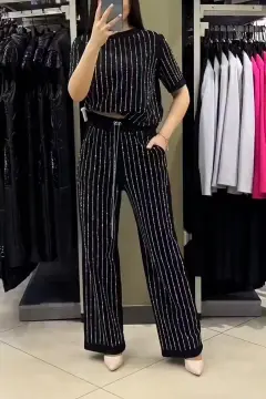 Vertical Striped Rhinestone Top Two-piece Set - Black - View 1
