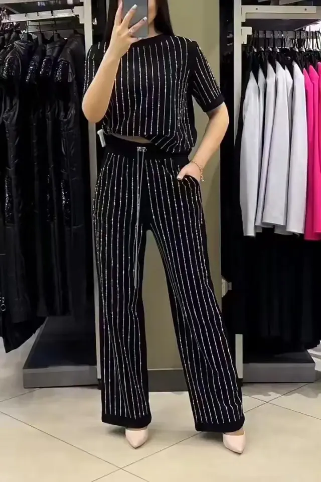 Vertical Striped Rhinestone Top Two piece Set Black - Shop at LoveMi