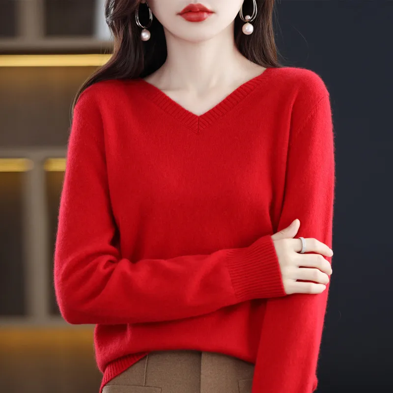 Women's Knitted Bottoming Shirt Versatile Cashmere Sweater Loose Outer Wear - Bright Red