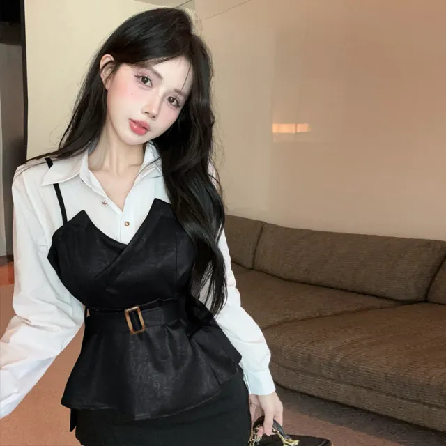 Stitching Leather Waist Trimming Spaghetti Straps Slim Fit Fake Two piece Shirt Black - Shop at LoveMi