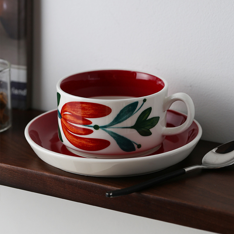 Red Hisbiscus Cup And Saucer