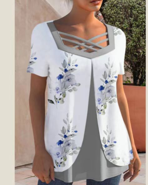 Women's Casual Print And Color shifting Plus Size Short Sleeve Gray Bow Tie - Shop at LoveMi