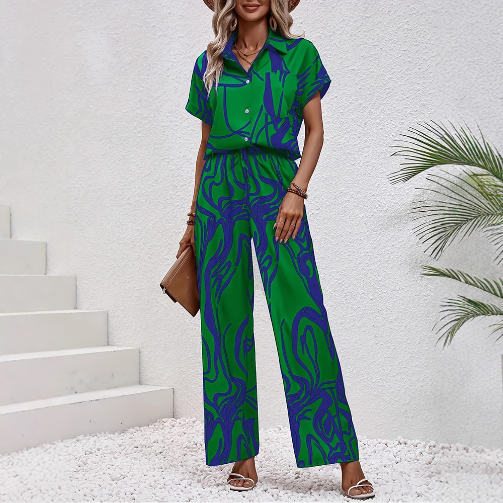 Womens Printed Short-Sleeve Shirt And Casual Pants Set