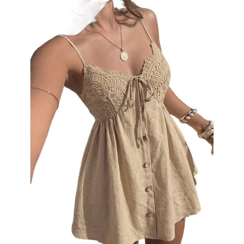 Lace-Patchwork Lace-Up Defined-Waist A-Line Strap Short Dress