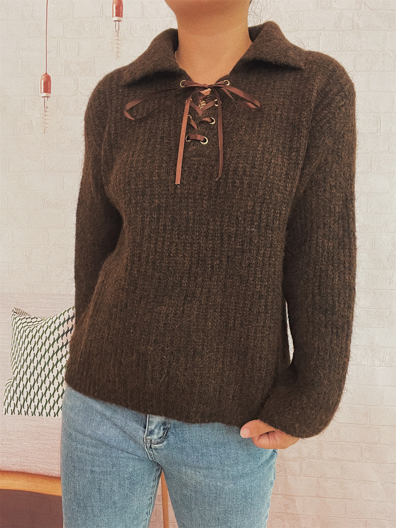 Simple Commute Lapel Tied Knitted Pullover Solid Color Loose Sweater