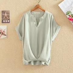 Solid Colour And V-neck Batwing Sleeve Top Loose Slimming Cotton And Linen Shirt - Green - View 1