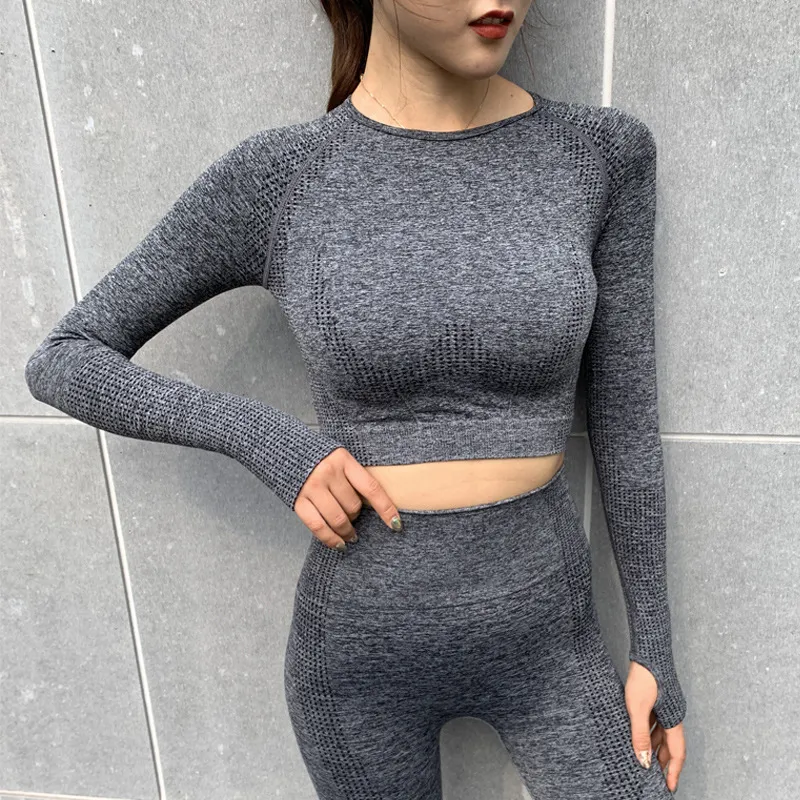 Sports T-shirt Quick-drying Tight High Elastic Short Seamless Long-sleeved Coat - Dark Gray