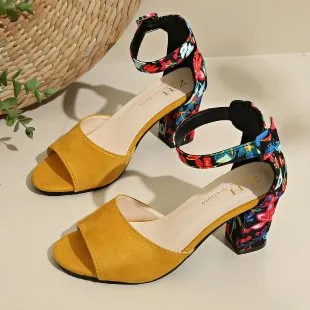 Women's Round Toe Hollow Ankle strap Buckle Thick High Heel Sandals Yellow - Shop at LoveMi