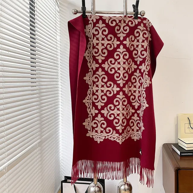 Textured Embroidered Scarf Winter All matching Spring And Autumn Imitation Cashmere Red - Shop at LoveMi
