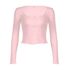 Solid Colour Hollow Jacquard Round Neck Breasted Cardigan Top - Pink - View 1