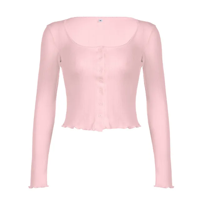 Solid Color Hollow Jacquard Round Neck Breasted Cardigan Top Pink - Shop at LoveMi