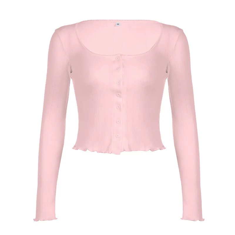 Solid Color Hollow Jacquard Round Neck Breasted Cardigan Top - Pink