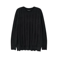 Twist Weave Retro Tattered Jeans Round Neck Knitted Sweater - Black - View 1