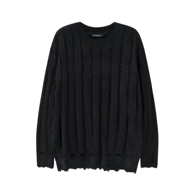 Twist Weave Retro Tattered Jeans Round Neck Knitted Sweater Black - Shop at LoveMi