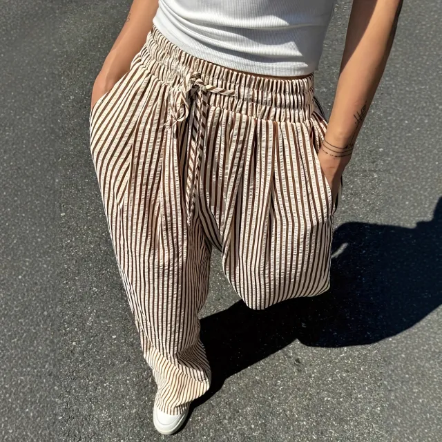 Women's Striped Casual Loose Everyday Commuter Pants With Pockets And Drawstrings For Spring Summer And Autumn Khaki - Shop at LoveMi