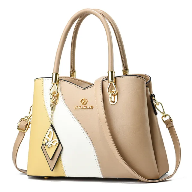 Contrast Color Handbag Large Capacity Soft Leather Khaki - Shop at LoveMi
