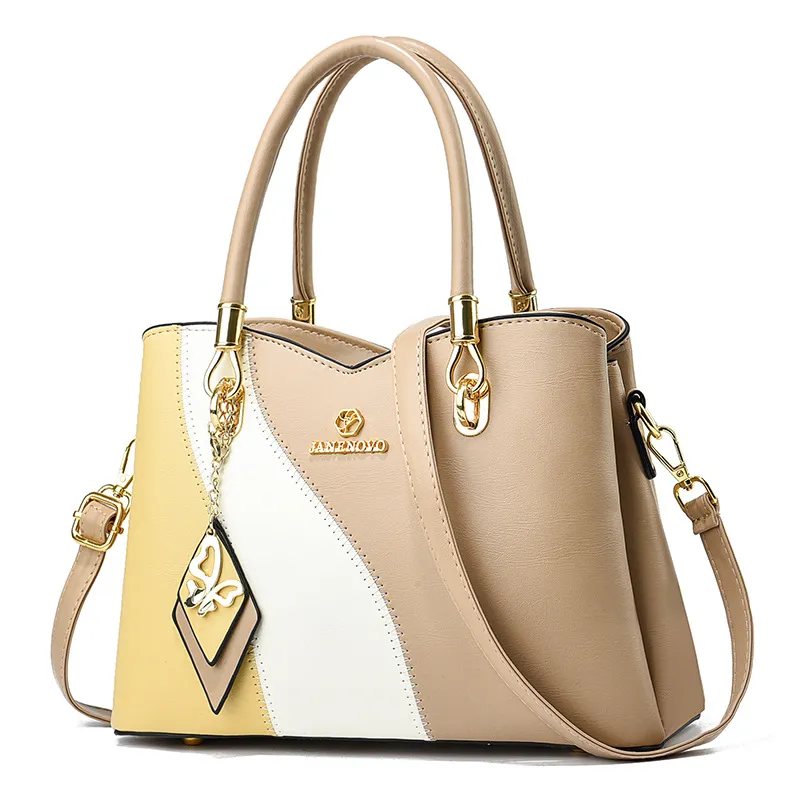 Contrast Color Handbag Large Capacity Soft Leather - Khaki