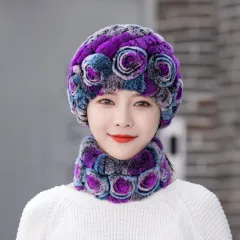 Winter Warm Rex Rabbit Fur Hat Scarf Suit - Colourful Rose Red - View 1