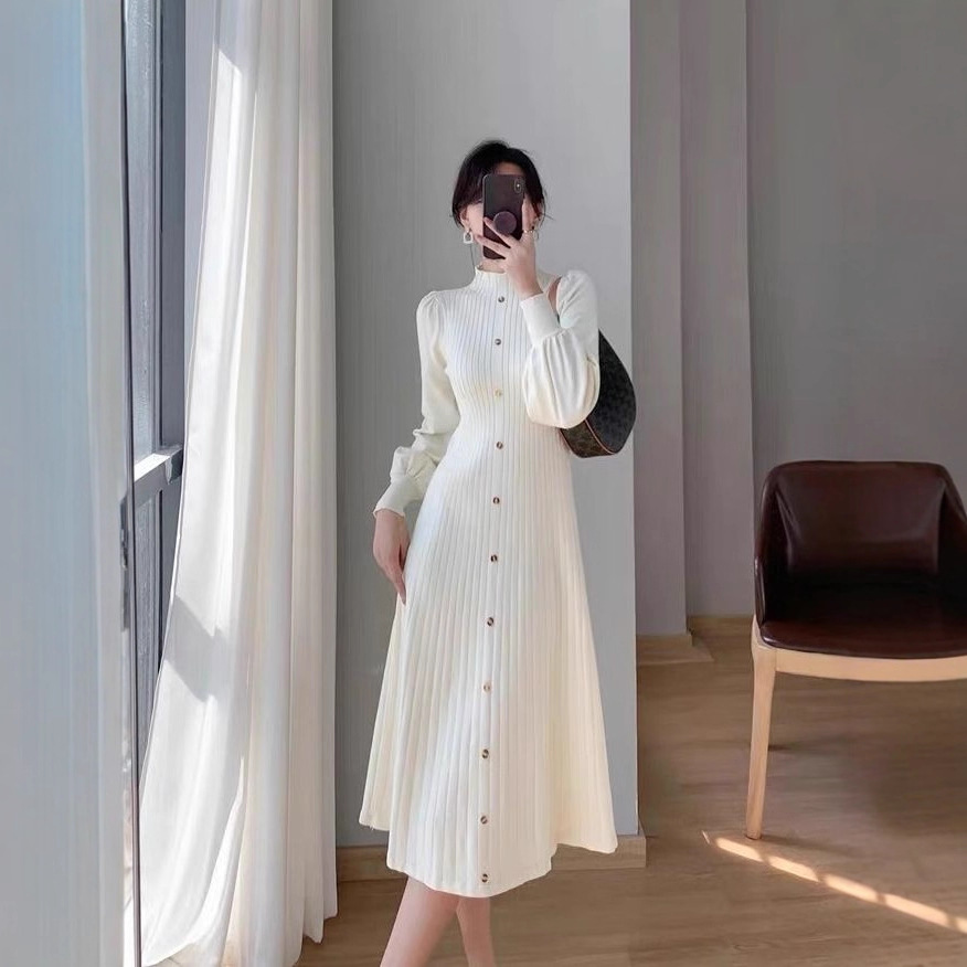 AutumnWinter Knitted Mock Neck Long Sleeve Dress