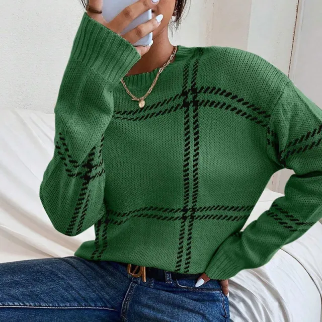 Women's Casual Plaid Color block Crew Neck Sweater Green - Shop at LoveMi