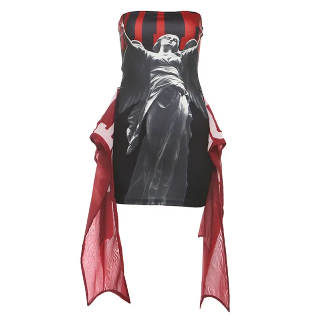 Fitted Waist Elegant Letter printed Tube Top Mini Dress Black - Shop at LoveMi
