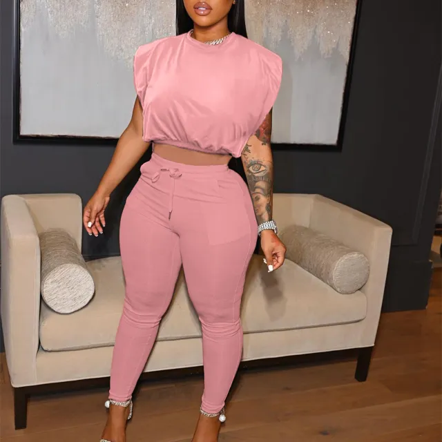 Pure Color Tight Sleeveless Padded Shoulder T shirt String Pocket Two piece Set Pink - Shop at LoveMi