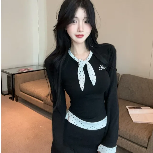 Womens Casual Chanel Style Fake Two Piece Polka Dot Long Sleeve Top Black - Shop at LoveMi