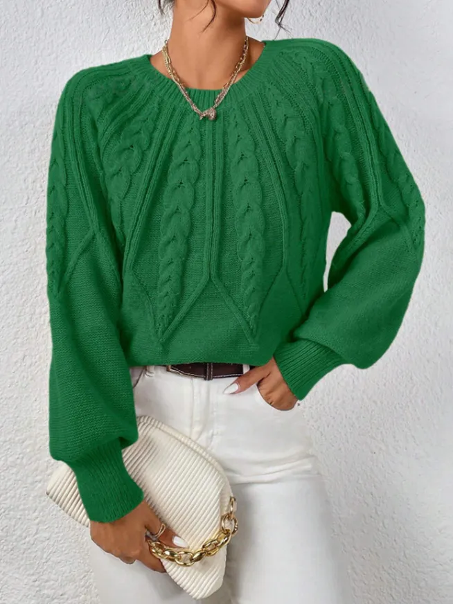 Round Neck Knitted Sweater Female Twist Thread Solid Color Versatile Casual Top - Olive Green