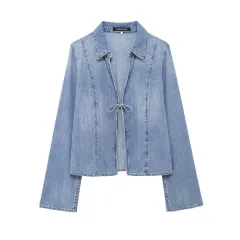 European And American Style Tied Denim Shirt - Blue - View 1
