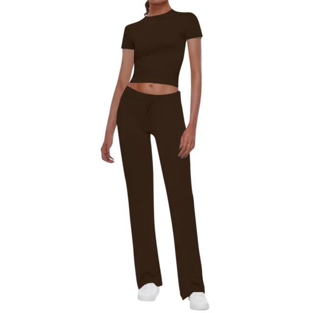 American Basic Casual Solid Color T shirt Casual Pants Suit Brown - Shop at LoveMi