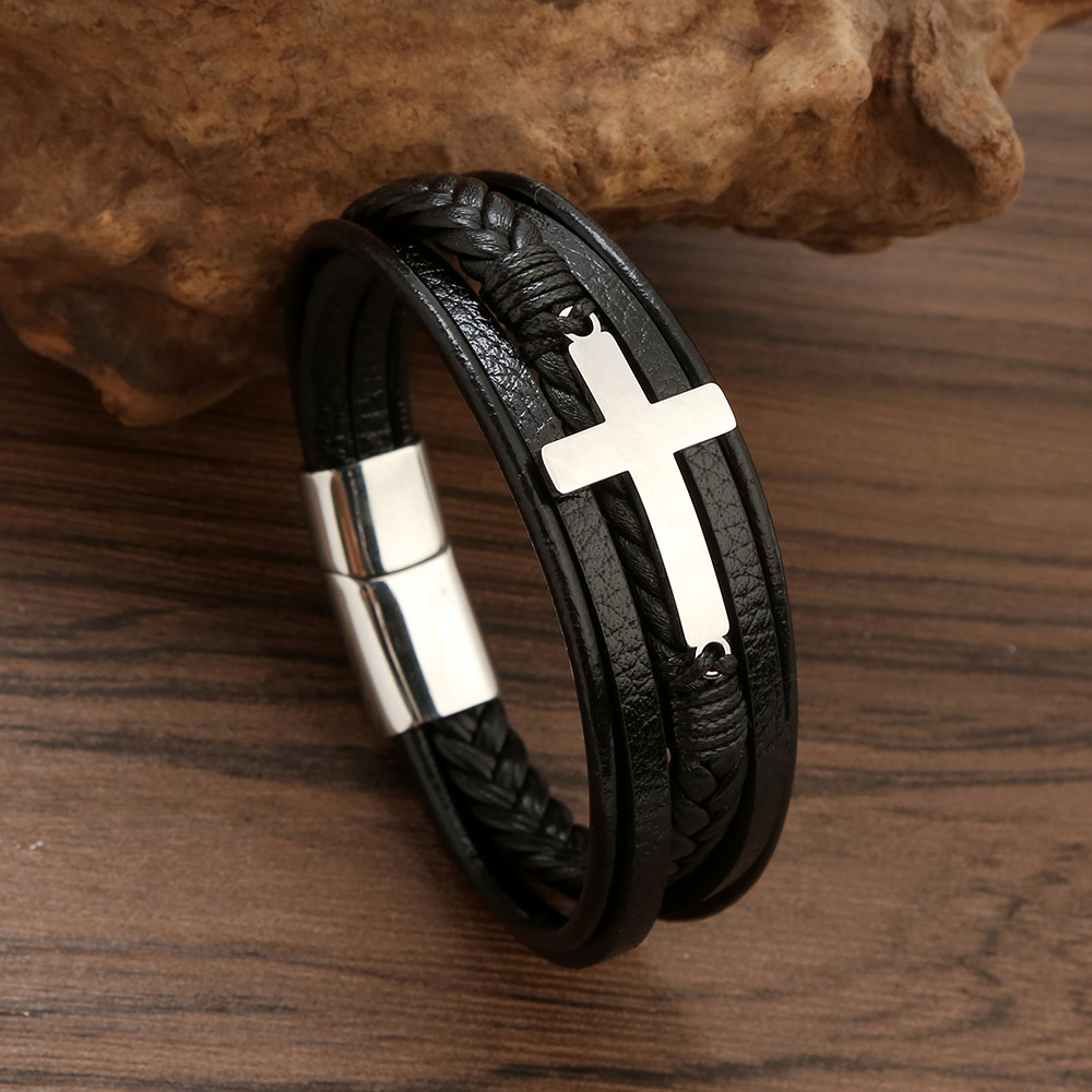 Stainless Steel Fashionable Multi-layer Braided Leather Bracelet