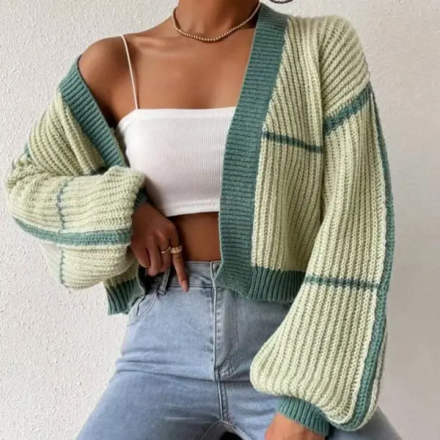 Cardigan Color Contrast Patchwork Striped Loose Sweater Green - Shop at LoveMi