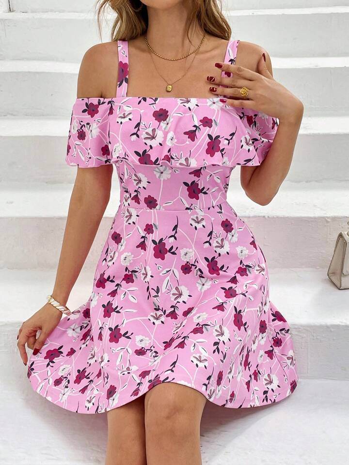 Flower Off the shoulder Strap Ruffled Birthday Event Dress Bright Pink - Shop at LoveMi