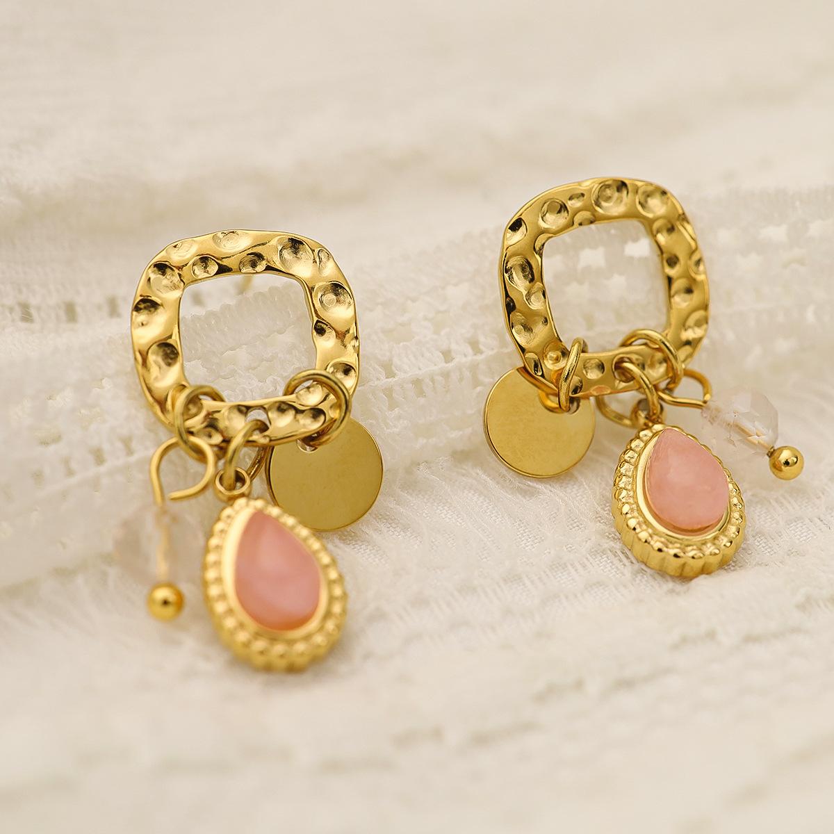 Knock Pattern Metal Earrings European And American Natural Stone Pendant Retro INS