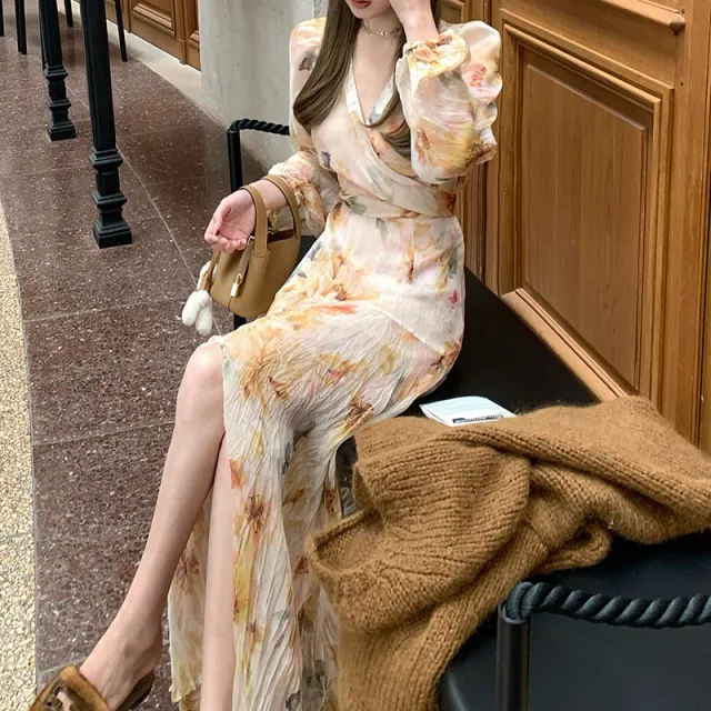 Beautiful V neck Lantern Sleeve Floral Skirt Long Dress - Shop at LoveMi