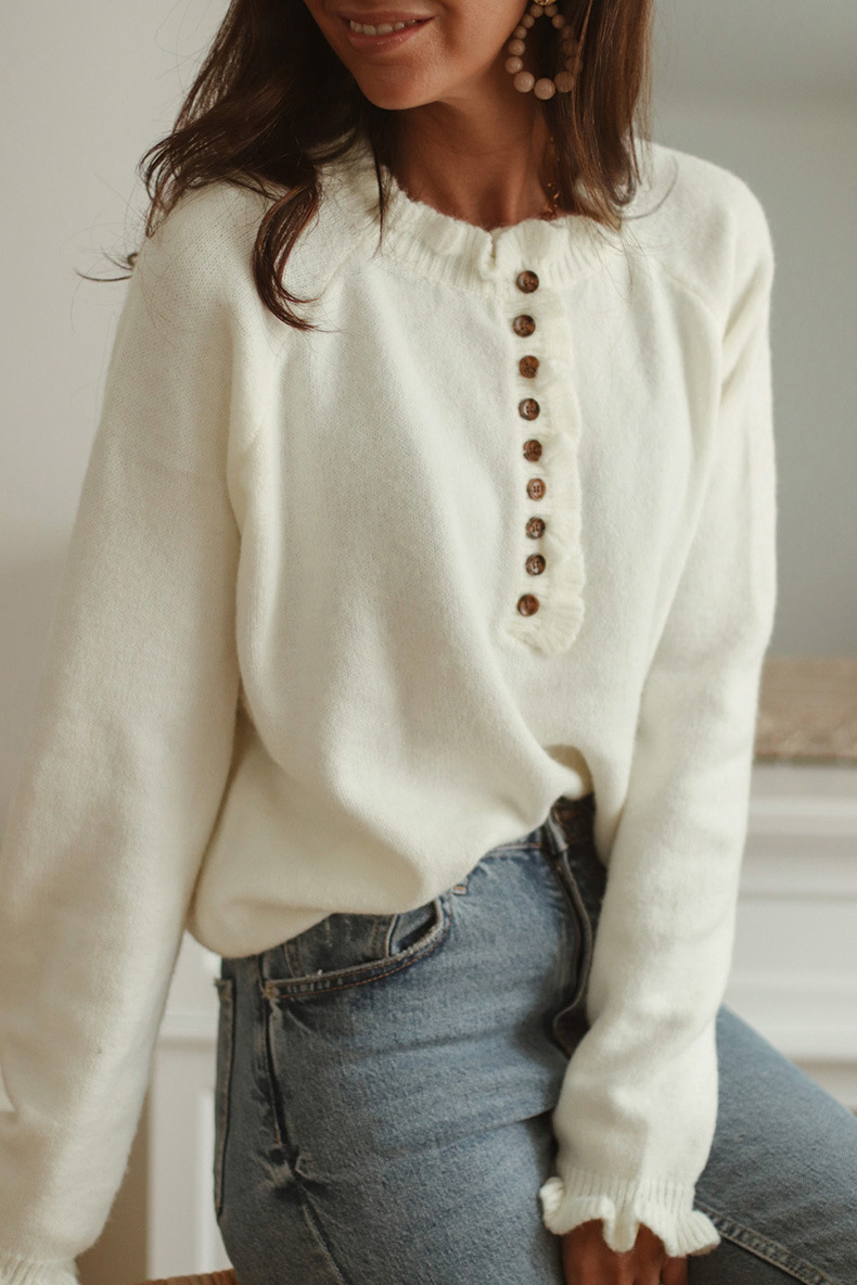 Title 5, New Style Frill Button Knitted Pullover Crew Ne...