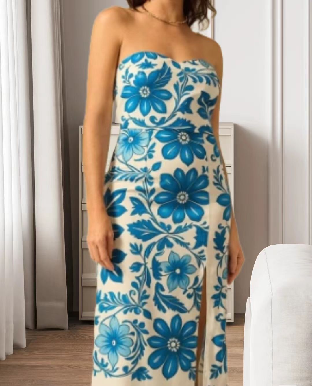 Printed Chest Wrap Slit Slim fitting Dress Sky Blue - Shop at LoveMi