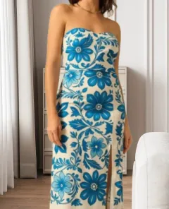 Printed Chest Wrap Slit Slim-fitting Dress - Sky Blue - View 1