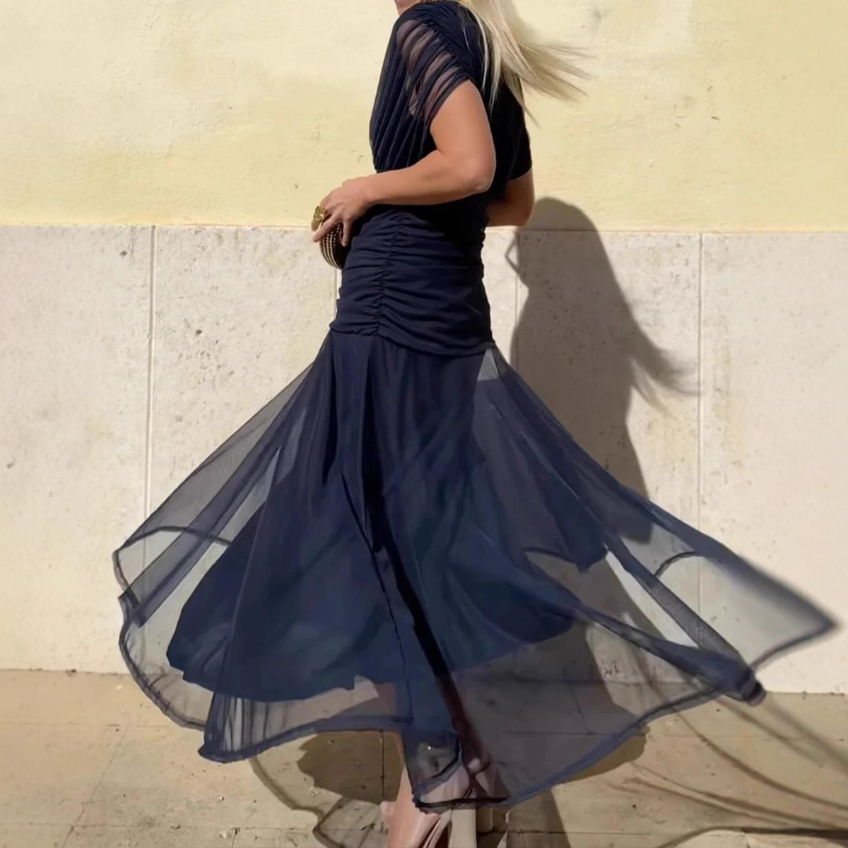 European And American SpringSummer Mesh Printed Camisole Dress