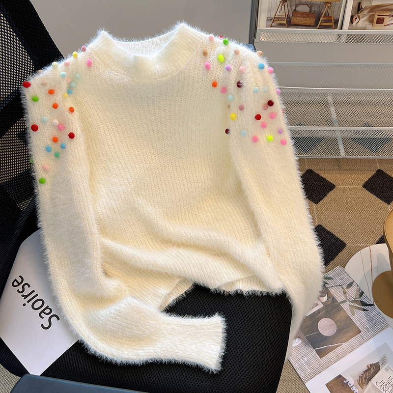 Women's Mink Fur Bead Long Sleeve Thick Short Sweater