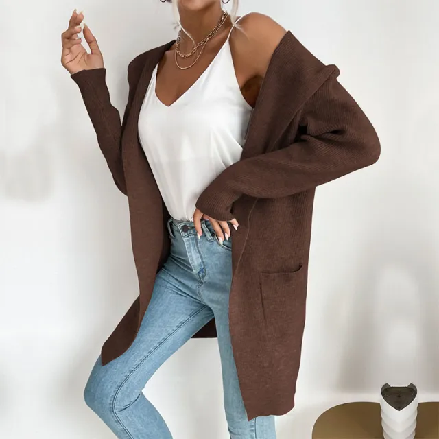 European And American Sunken Stripe Knitted Hoodie Casual Sweater Coat For Women Caramel Mocha M - Shop at LoveMi