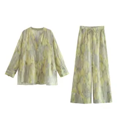 Printed Loose Cotton-linen Shirt Printed Trousers Suit - Pants And Top-L - View 1