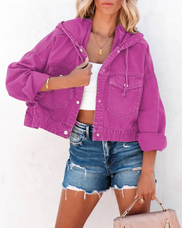 Hooded Washed Denim Jacket Rose Red - Shop at LoveMi