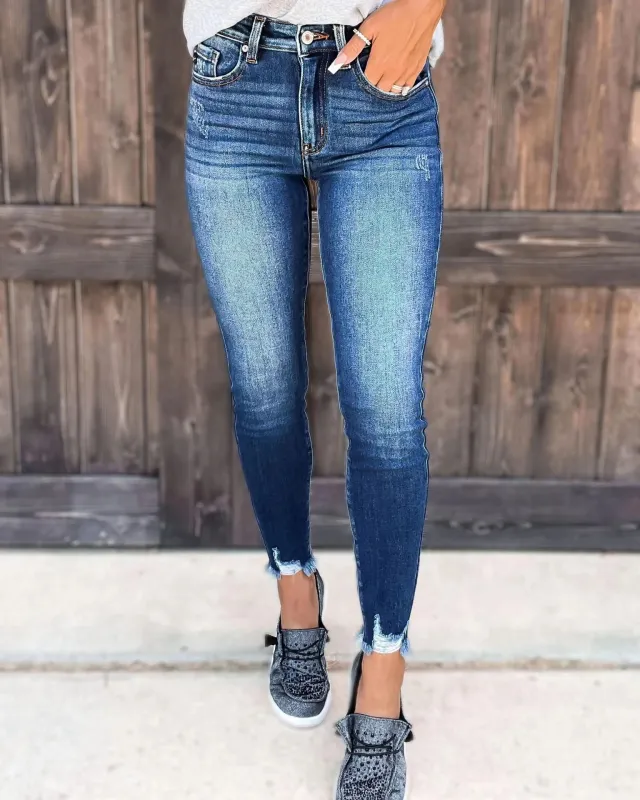 Street White Burrs Tassels Skinny Jeans Blue - Shop at LoveMi
