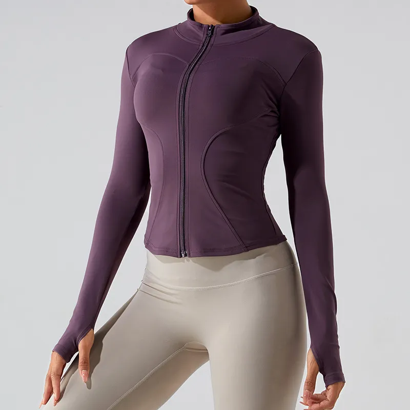 Autumn And Winter Stand Collar Long Sleeve Zipper Cardigan Slimming Sports Workout Clothes Top - Purple