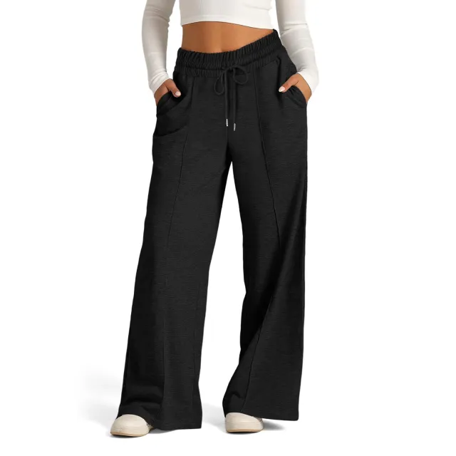 Women's Lace up Solid Color Waist Tight Fashion Wide leg Casual Pants Black - Shop at LoveMi