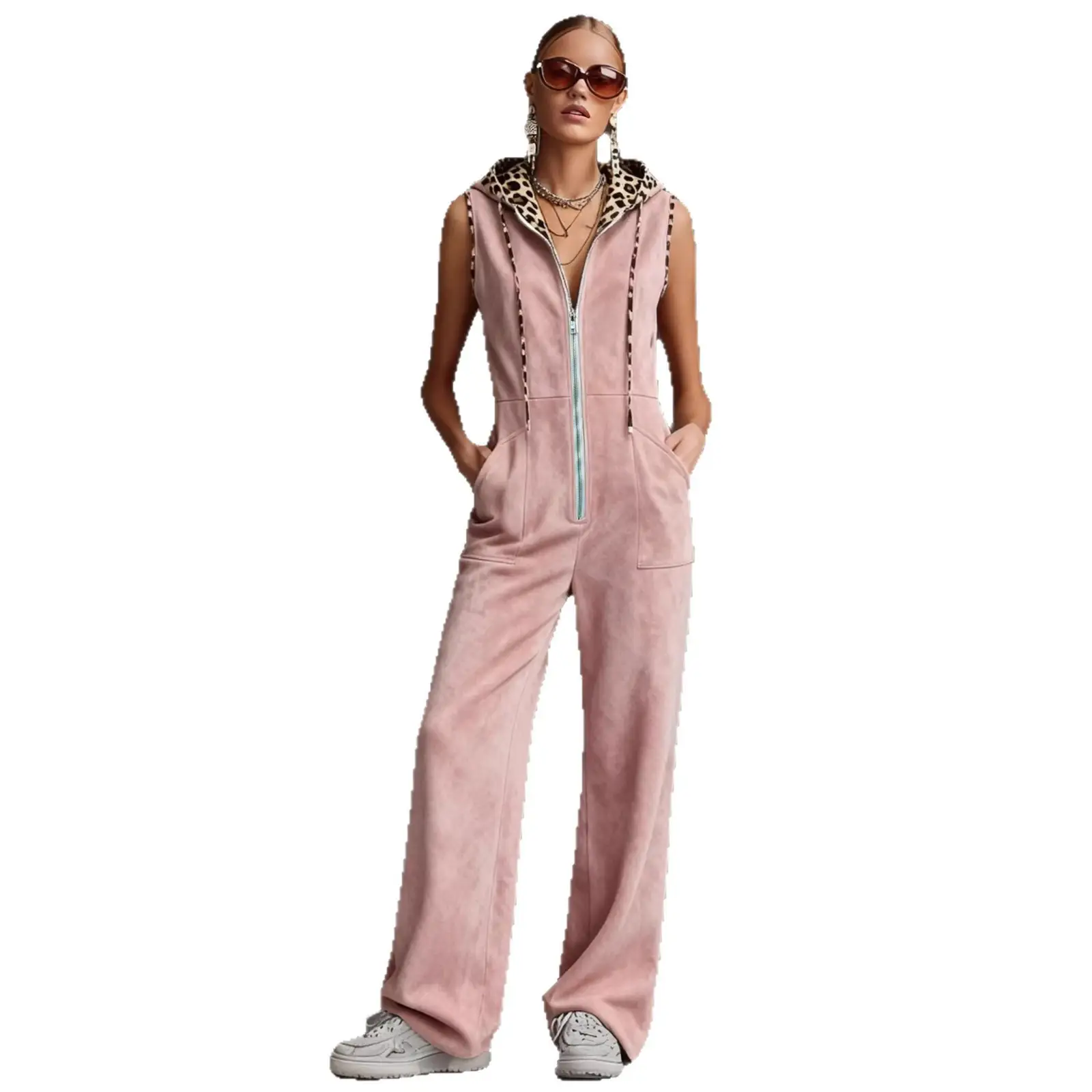 Women's Sleeveless Hooded Jumpsuit with Leopard Print Detail