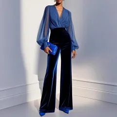 Velvet Jumpsuit With An Elegant Sophisticated Vibe - Blue - View 1